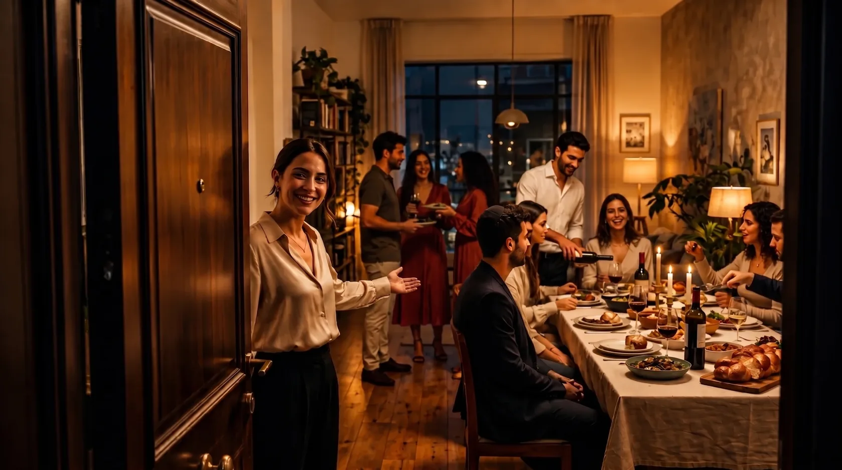 A host welcoming guests through her door to a candlelit Shabbat table already filling with food and conversation