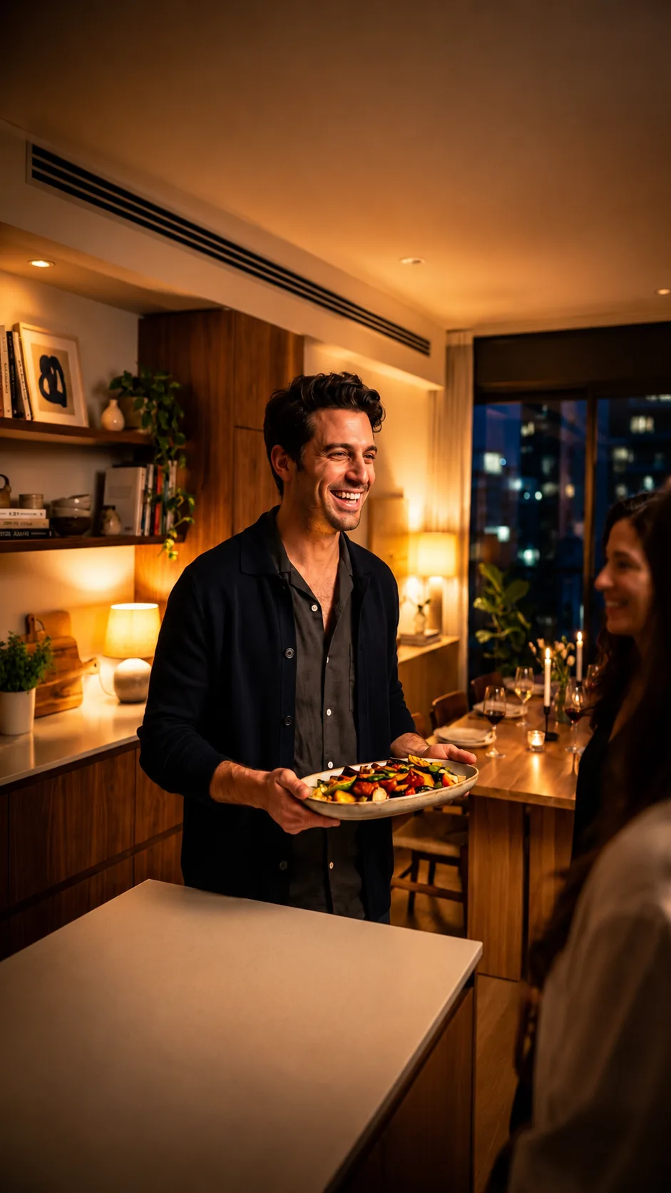 A host serving wine to guests already seated at a candlelit table